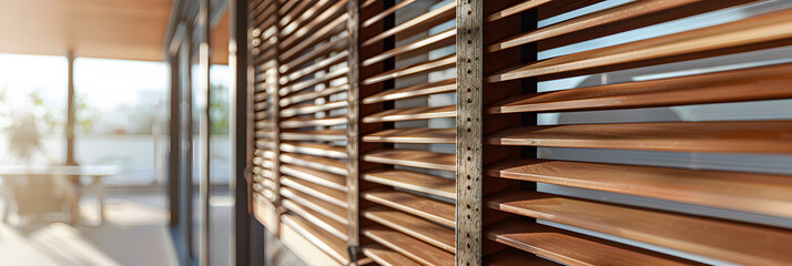 A detailed shot of wooden blinds on a window, showcasing the intricate pattern of the wood grain and the metal grille accents - obrazy, fototapety, plakaty