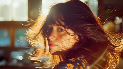A young woman portrait with backlit hair glowing in the sunlight, on a blurred background, showcasing a serene and warm atmosphere.