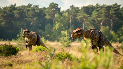 Two dinosaurs in a lush, sunlit forest.