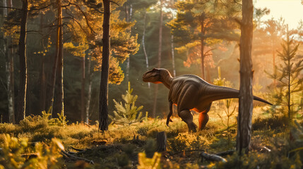 A dinosaur in a sunlit, autumn lush forest.