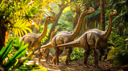 Lush forest with dinosaurs basking in soft sunlight. 