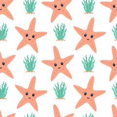 Seamless pattern with cute starfish and seaweed. Baby background, design for scrapbooking, wrapping paper, wallpaper, nursery. Cartoon hand drawn style. - obrazy, fototapety, plakaty