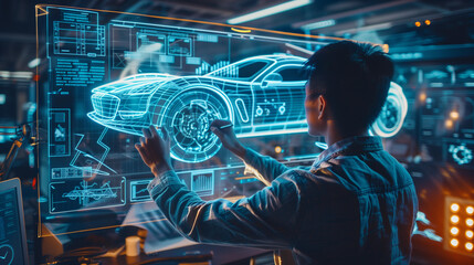 Automobile design engineer working on 3D holographic model projection of concept car. Futuristic industrial revolution. Generative AI.