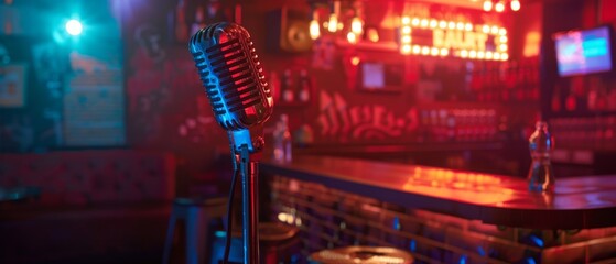 A karaoke bar scene with a microphone and colorful lighting, providing a fun and casual backdrop for singing event banners