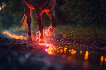 A horse with neon hooves trotting along a path, each step leaving a trace of light on the ground