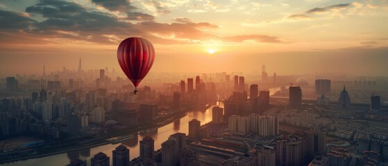 A metaphorical image of a balloon being inflated to its limit over a city, signifying the dangerous expansion of an economic bubble - obrazy, fototapety, plakaty