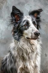 Fototapeta premium A poised Border Collie, its intelligent eyes attentive, on a soft heather grey canvas
