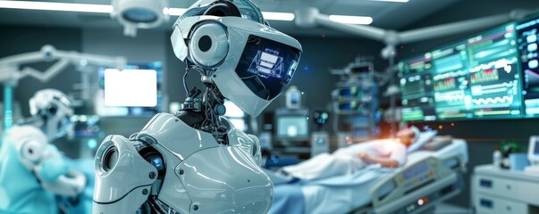 A robotic nurse in 3D, assisting in surgeries and patient care in a hospital, with sensors and arms designed for delicate tasks