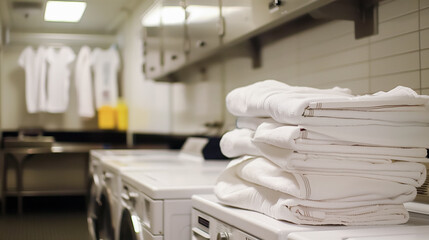 Neatly folded white towels stacked on a washing machine in a clean, well-lit laundry room with hanging white shirts and modern appliances.