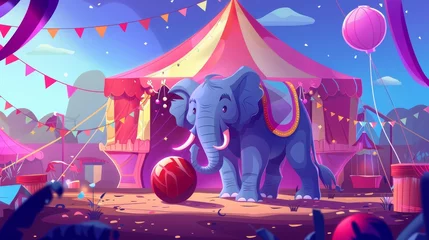Wandaufkleber Performing on stage at a circus big top tent arena is an elephant riding on a ball. The acrobat is performing on stage, amusement park magic show. Cartoon modern illustration. © Mark