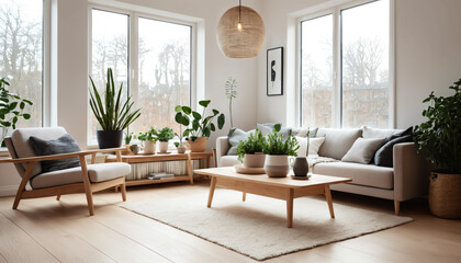 Bright Living Space with Modern Furniture and Green Plants