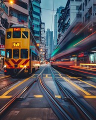 Fototapeta premium A railway crossing in the city, where the blur of a passing train captures the fleeting nature of urban life