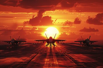 Experience the contrast of war and beauty in a breathtaking scene of an aircraft carrier ship launching jets into a dusky sky, juxtaposing the stark reality of conflict with the serene beauty 