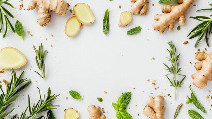 Fresh ginger root, sliced lemon, and aromatic herbs including mint and rosemary, artistically arranged on a white background, ideal for culinary and health content. - obrazy, fototapety, plakaty