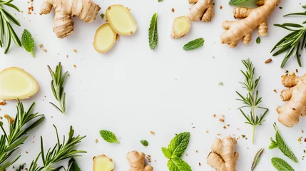 Stoff pro Meter Fresh ginger root, sliced lemon, and aromatic herbs including mint and rosemary, artistically arranged on a white background, ideal for culinary and health content. © Andrey