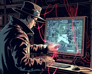 A tech-noir illustration of a detective analyzing a computer screen, discovering hidden bug traces in the software
