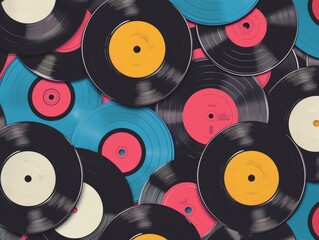 A vintage vinyl record collection with colorful labels, providing a groovy backdrop for music-themed designs