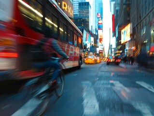 An early morning street scene, where the motion blur of buses and bikes illustrates the start of urban hustle - obrazy, fototapety, plakaty