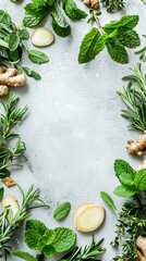 Fresh mint leaves, rosemary sprigs, and sliced ginger root artfully arranged on a light textured surface, ideal for herbal and culinary backgrounds or wellness themes.