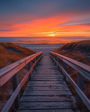 An empty wooden boardwalk leading to a beach at sunrise, the sky painted in hues of orange and pink