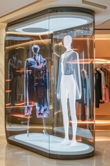 An innovative retail store with holographic displays showcasing virtual try-on for clothes and accessories