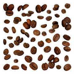 Many big whole coffee beans set isolated on transparent background. Roasted premium cut out grains...