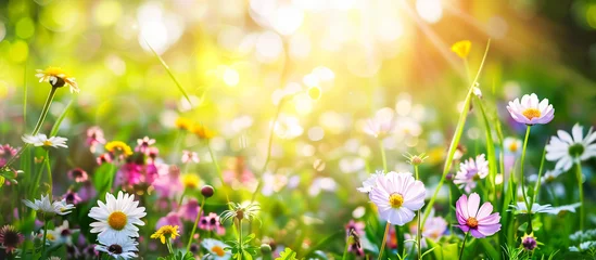 Draagtas Sunlit field of vibrant wildflowers, including daisies and pink blossoms, with a bokeh background highlighting the natural beauty and colorful spring or summer atmosphere. © Andrey