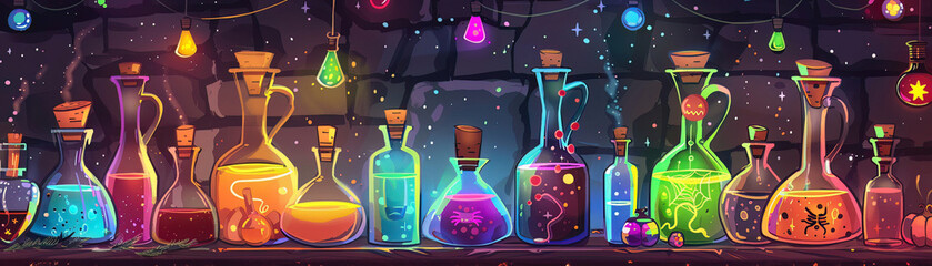 Cartoon potion bottles with colorful brews, alchemist theme, room for Halloween party essentials - obrazy, fototapety, plakaty