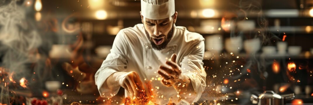Chef with a toque, head popping into an array of spices and culinary flames, in a kitchen