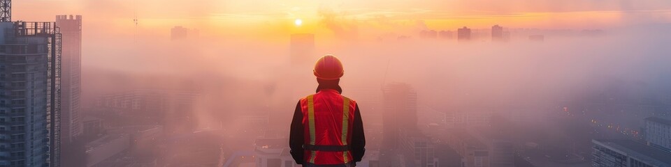Construction overseer contemplates the rise of a concrete jungle in mist