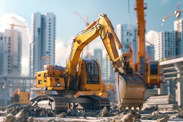 Construction robot in 3D, operating heavy machinery at a building site, its hydraulic limbs lifting and assembling with precision