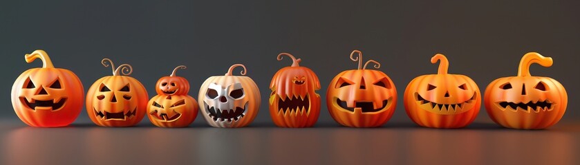 Cute 3D jack o lanterns in various expressions, festive array, room for pumpkin patch adverts