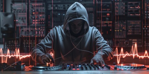 DJ in a hoodie, head pulsing into sound waves and headphones, at a turntable