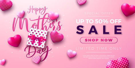 Mother's Day Sale Banner Design with Hearts and Gift Box on Pink Background. Vector Seasonal Discount Offer Illustration with Typography Lettering for Voucher, Online Ads, Flyer, Invitation, Brochure