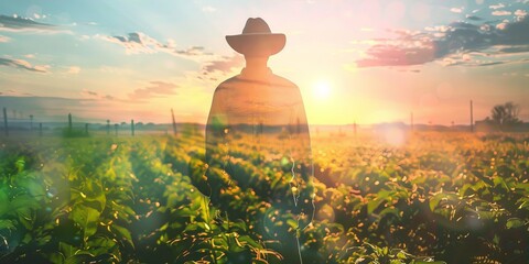 Farmer with a double exposure of lush fields and the early morning sun cresting the horizon - obrazy, fototapety, plakaty