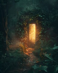 Ethereal forest scene with a mystical door glowing with holy light, guiding the way to success, lush greenery and mist