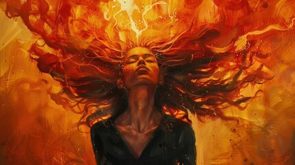 Fiery portrait of a woman embodying power and passion, her hair ablaze - obrazy, fototapety, plakaty