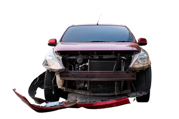 Car crash, Front view of red car get damaged by accident on the road. damaged cars after collision....
