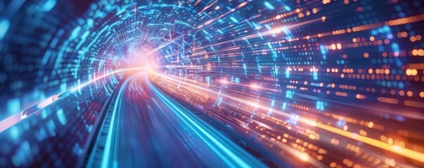 High-speed IoT network depicted as streams of light racing through a virtual tunnel, with lightning effects enhancing the sense of speed - obrazy, fototapety, plakaty