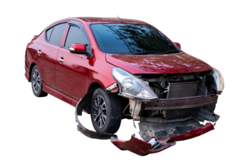 Car crash, Full body front and side view of red car get damaged by accident on the road. damaged cars after collision. Isolated on transparent background, car crash broken, PNG File