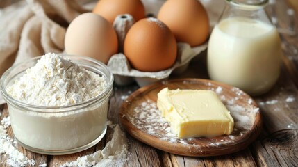 Fototapeta premium Bowls of butter and eggs on table