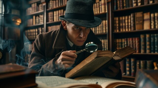 Holmes in a hushed library, magnifying glass poised over an ancient manuscript, uncovering secrets of the past