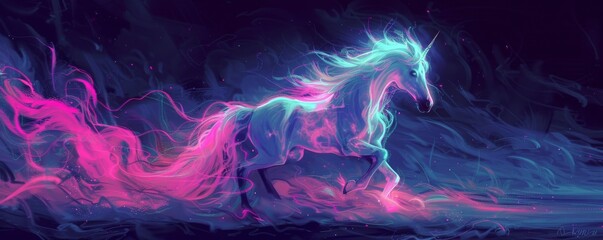 Kirin depicted in a burst of neon colors, with a mane and tail that flow like liquid light, set against a stark, dark background - obrazy, fototapety, plakaty