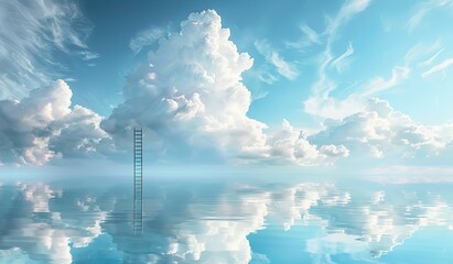 Surreal cloudscape with ladder rising from reflective water - obrazy, fototapety, plakaty