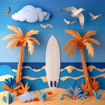 illustrated summer scene, made of paper cutouts and cardboard, colorful design, a tropical beach where a surfboard is on the sand of the beach in front of the sea, surrounded by palm trees and seagull