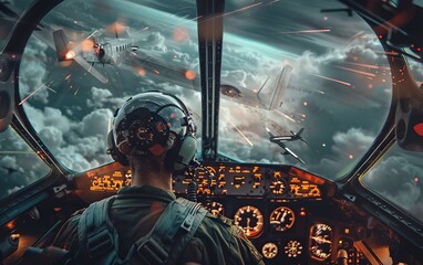 Pilot in uniform, head becoming a cloud of airplanes and radar signals, in the cockpit view