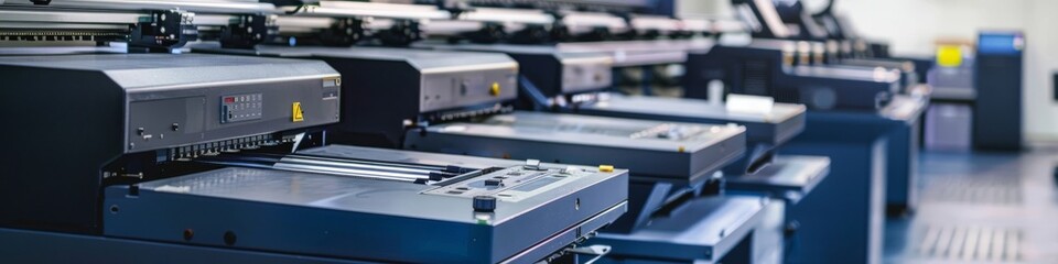 Precision industrial printers operating in an automated print shop - obrazy, fototapety, plakaty