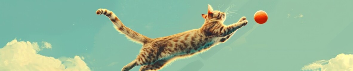 Playful cartoon cat leaping to catch a floating ball in mid-air, dynamic action, against a clear, sunny sky background - obrazy, fototapety, plakaty