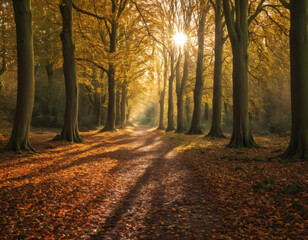 Naklejka premium Scenic autumn forest path with sun rays filtering through the trees