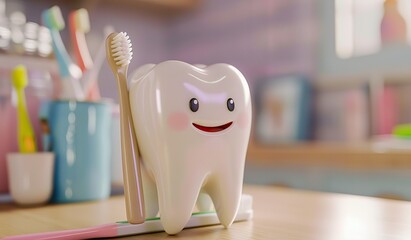 Happy tooth character with toothbrush promoting dental hygiene